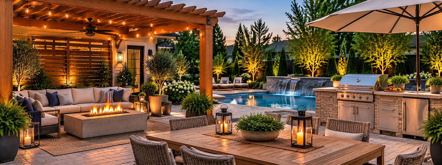 Illustrative outdoor living trends with pergola, cozy lounge, fire table, dining furniture, outdoor grill island and pool