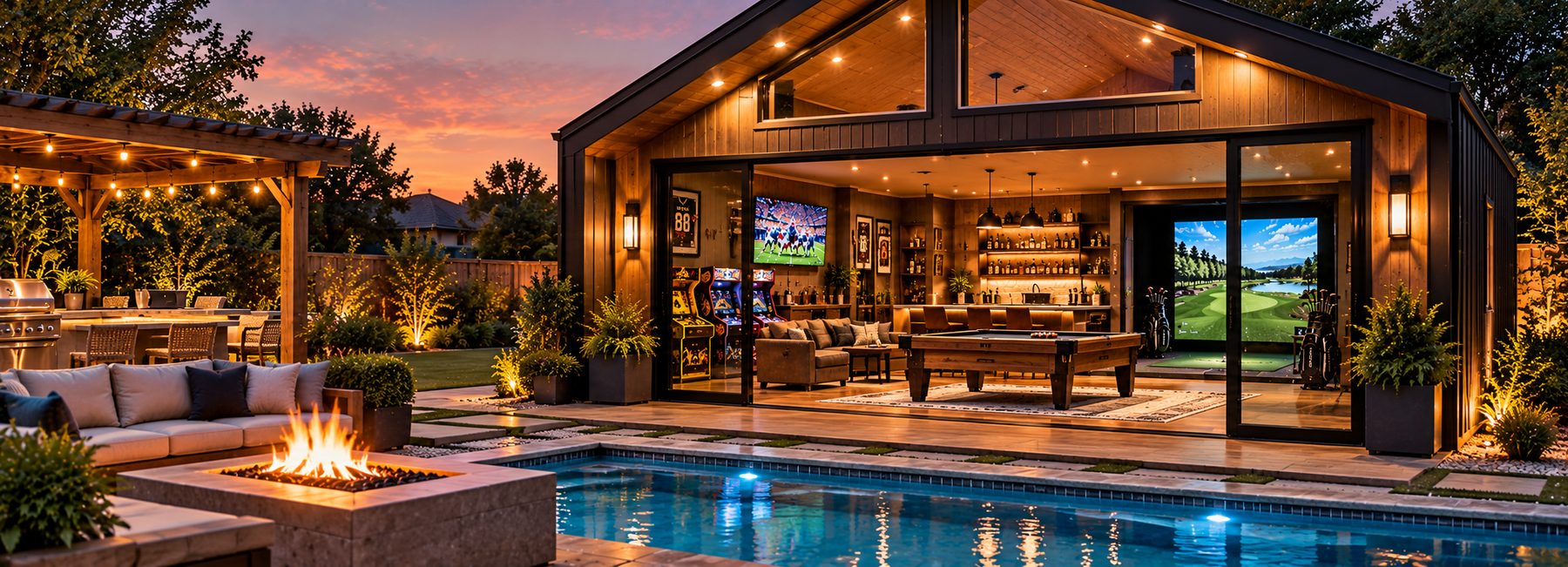 Illustrative luxury backyard game room rental with pool, fire pit, outdoor kitchen, billiards, arcade games and golf simulator at sunset