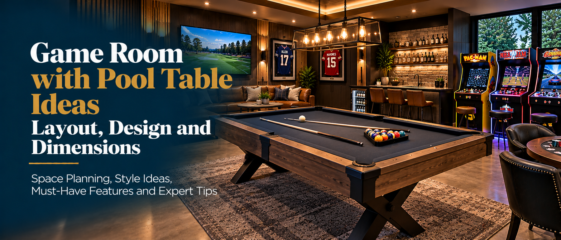 Modern game room featuring central pool table with space around it, lounge seating, arcade cabinets and bar