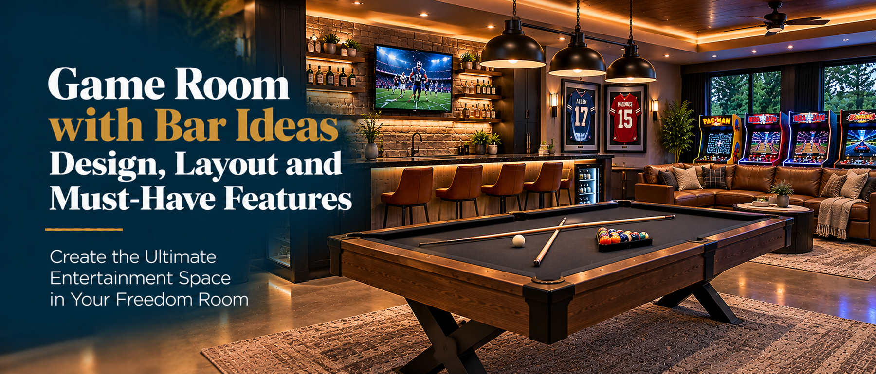 Modern game room with a built-in bar, pool table, arcade machines and leather lounge seating; illustrative concept