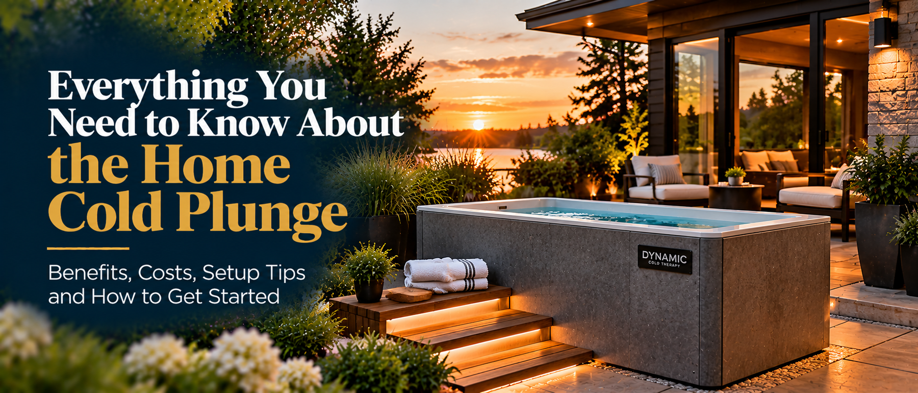 Illustrative home cold plunge in a landscaped luxury patio at sunset; not a verified product photograph