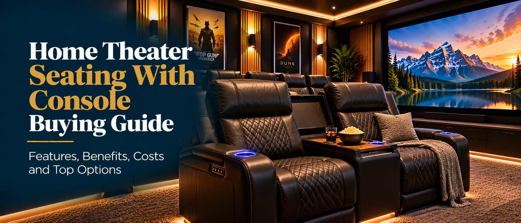 Illustrative luxury home theater with two quilted leather recliners separated by a storage console with cup holders
