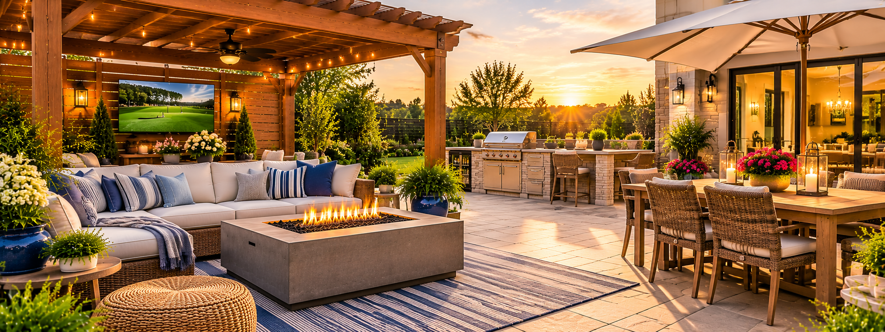 Illustrative decorated timber pergola with comfortable sectional, navy cushions, string lights, potted flowers, area rug and outdoor dining