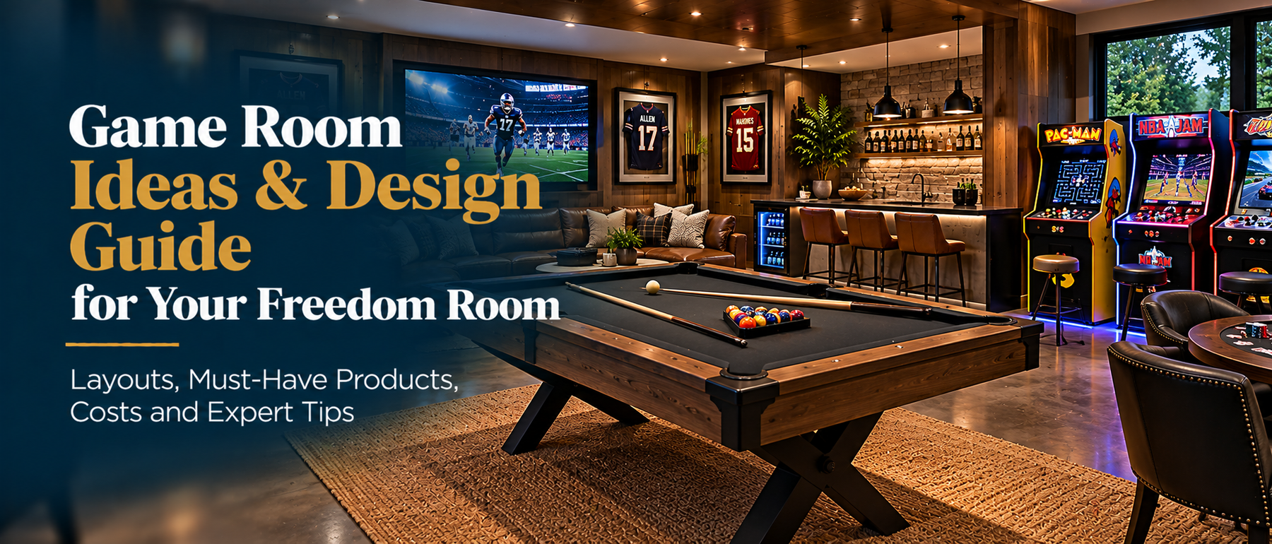 Illustrative upscale game room with a pool table, arcade machines, bar and lounge seating