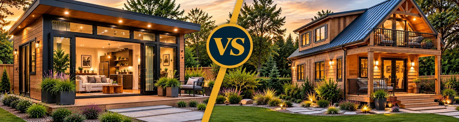 Micro home and larger loft-style tiny home in landscaped yards, separated by a navy-and-gold VS comparison divider