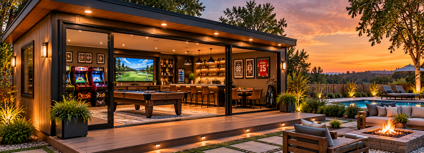 Illustrative modern backyard game room with billiards, arcade machines, bar and landscaped patio for rental-business inspiration