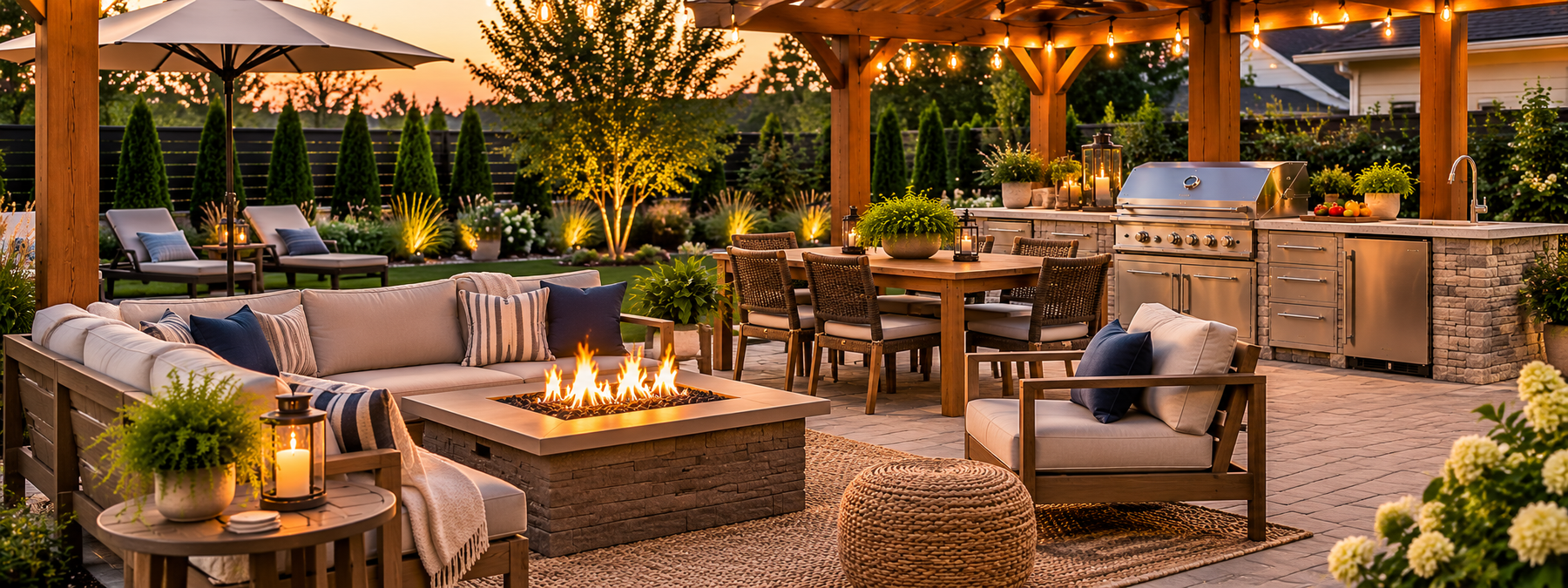 Illustrative outdoor living area with pergola, seating, fire table, dining furniture and backyard grill island