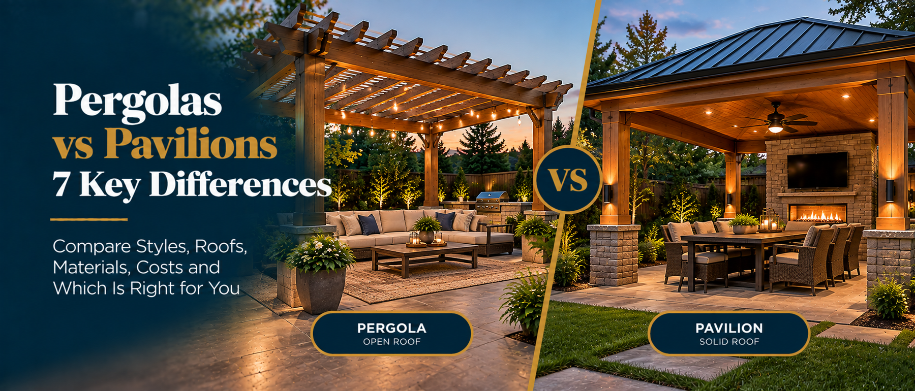 Side-by-side comparison of open-roof wooden pergola and solid-roof timber pavilion with outdoor furniture