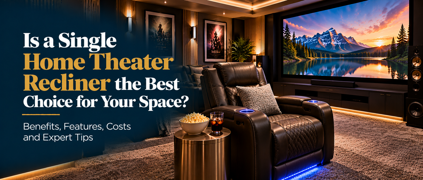 Illustrative luxury leather single home theater recliner with cup holders facing a cinema screen