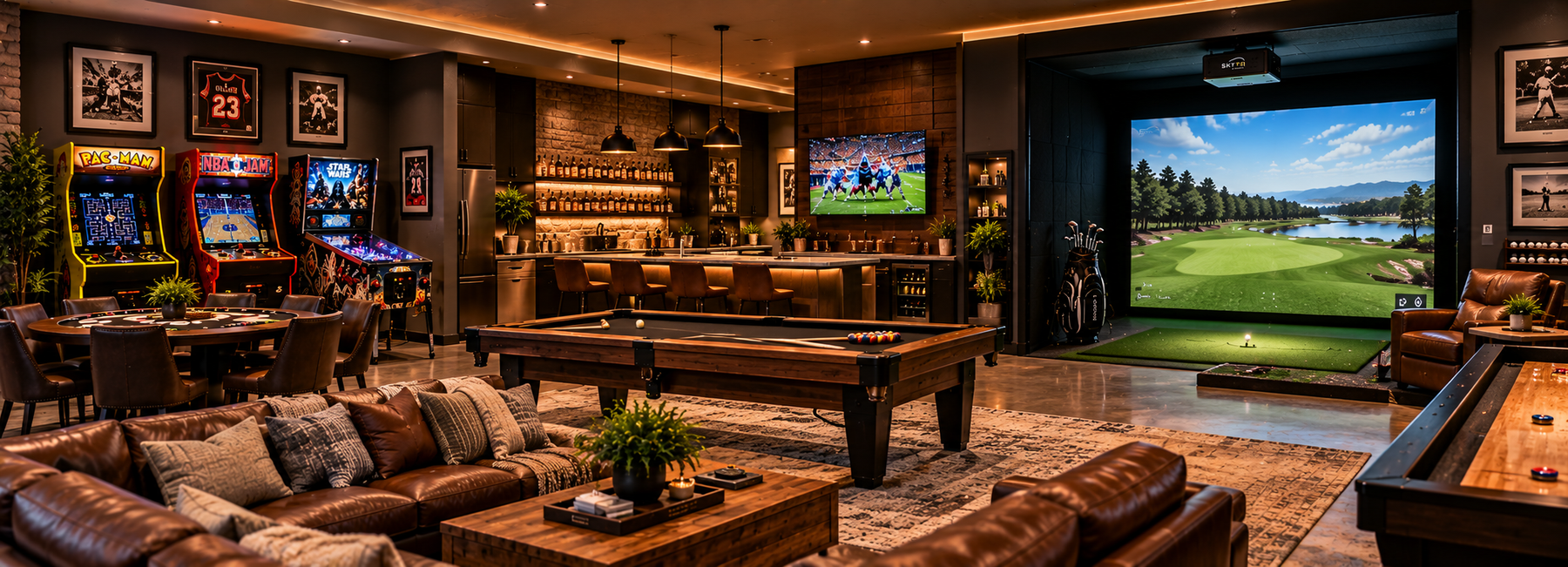 Illustrative sophisticated adult game room featuring billiards, poker, arcade games, indoor golf simulator and leather seating
