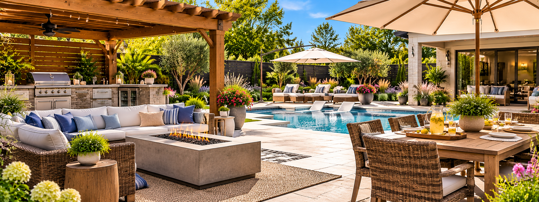 Bright summer outdoor living inspiration with shaded patio seating, poolside lounge, outdoor kitchen, dining space and colorful garden planting; illustrative concept
