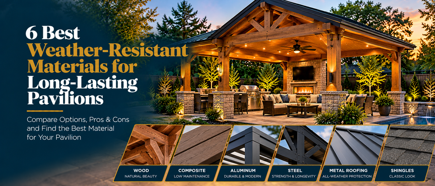 Illustrated comparison of wood, composite, aluminum, steel, metal roofing, and shingles in a premium pavilion setting