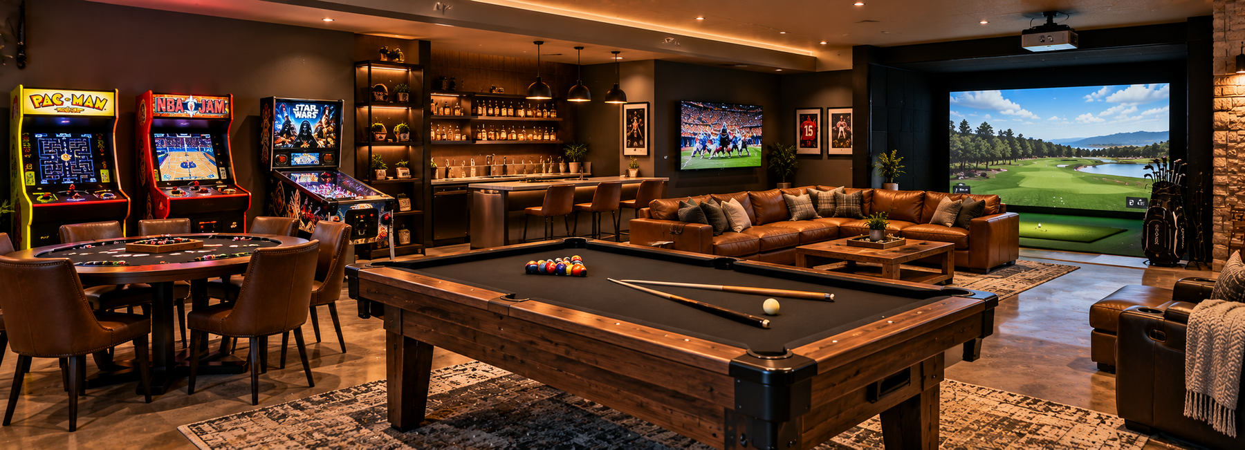Illustrative home game room with pool table, poker table, arcade cabinets, pinball machine, golf simulator and lounge seating