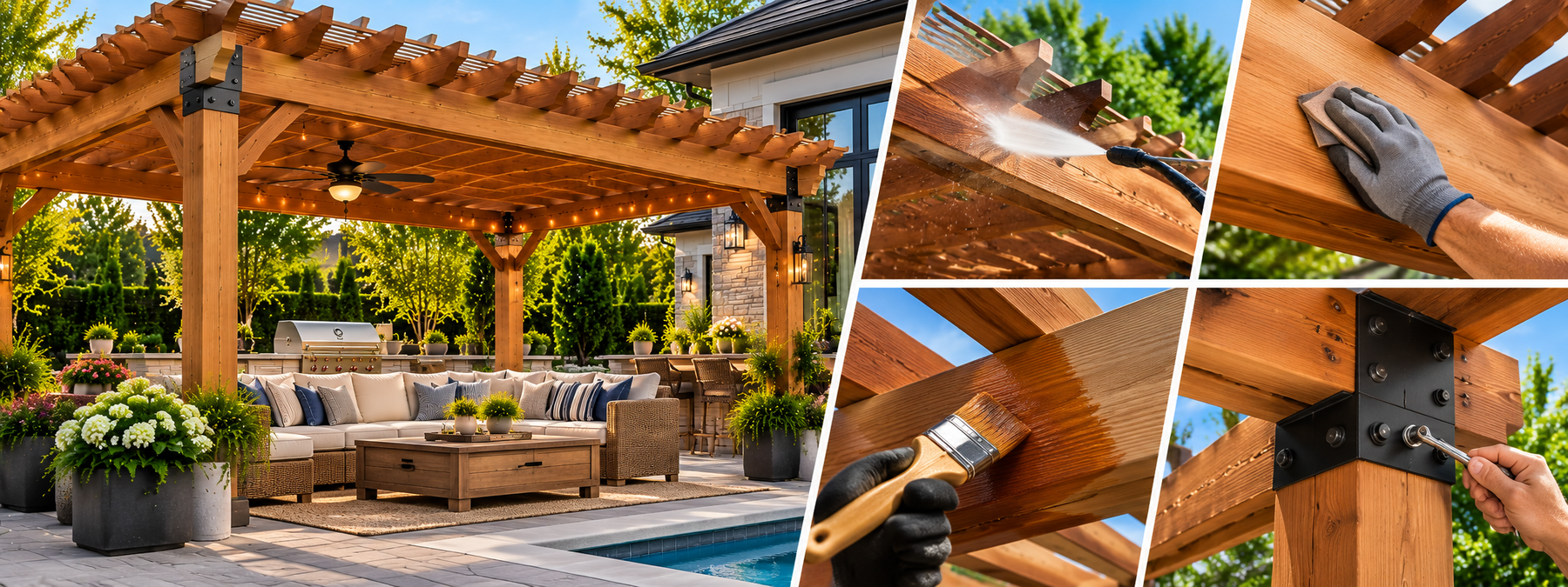 Illustrative wooden pergola maintenance overview showing timber structure, cleaning, surface preparation, staining and checking hardware