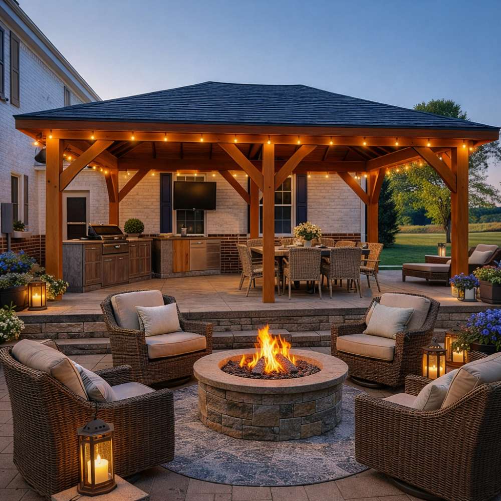 Fully styled Brookside Timber Frame Timber Crest Pavilion features an outdoor kitchen, dining area, and nearby fire pit surrounded by cushioned chairs