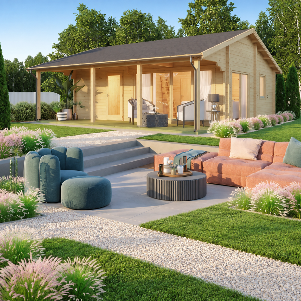 Mikka 70B wooden garden room with a covered porch and inviting outdoor seating, surrounded by ornamental grasses, lawn and contemporary patio furniture.