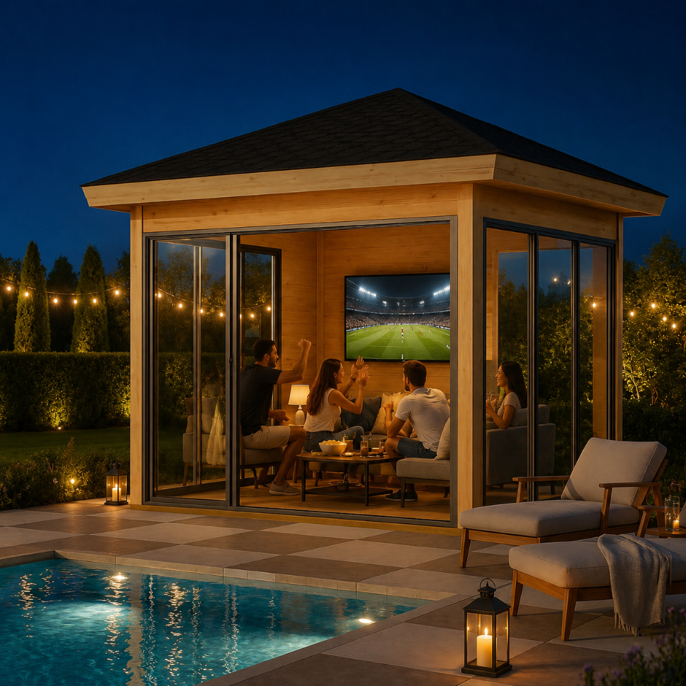 Square wood and glass pavilion with four people watching a TV inside, situated next to a pool at night.