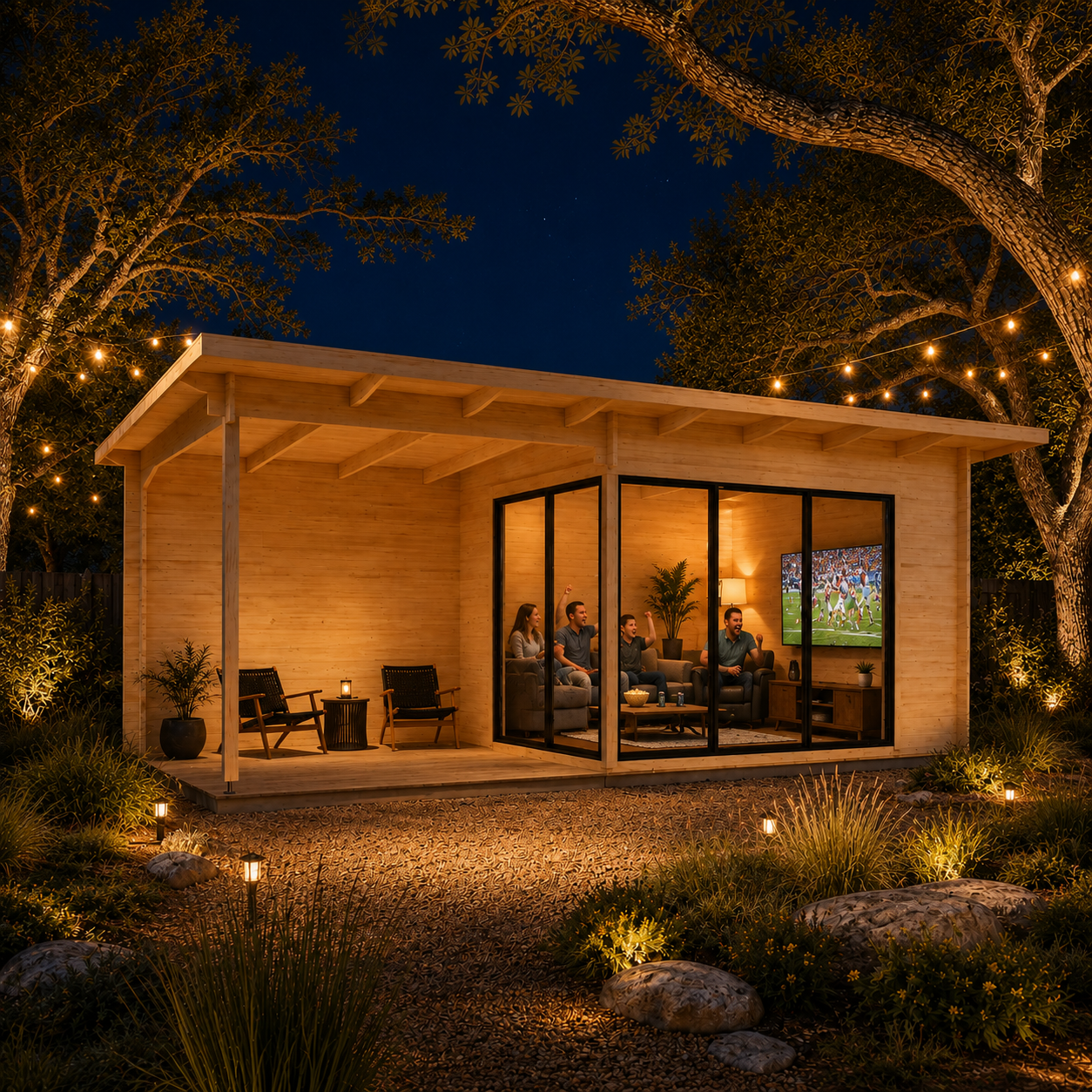 A light wood studio cabin with glass doors at night, featuring a lit interior with people watching a television.