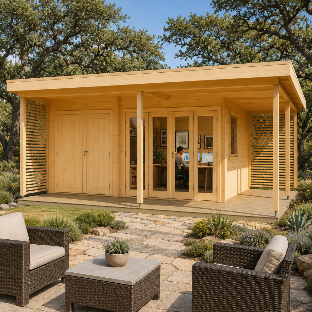 Light wood Kilian 70 cabin with glass doors and a flat roof, set behind a stone patio with two wicker chairs and a table.