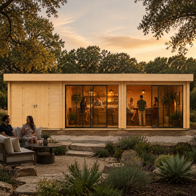 Rectangular light wood studio with glass sliding doors and interior bar seating, set in a garden at sunset.