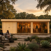 Rectangular light wood studio with glass sliding doors and interior bar seating, set in a garden at sunset.