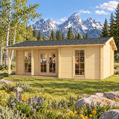 Small wood cabin with glass doors and windows in a grassy field with mountains in the background.