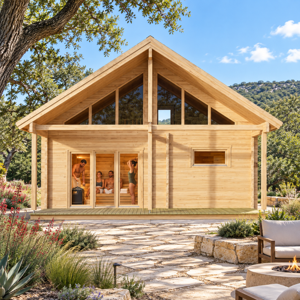Sauna Marit 90 in the sunny Texas Hill Country with four adults visibly relaxing, stretching, and pouring water over the sauna stones.