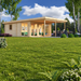 Taunus 70 VD wooden garden room with expansive windows and a covered dining patio, surrounded by birch trees, flowering plants and a sunlit lawn.
