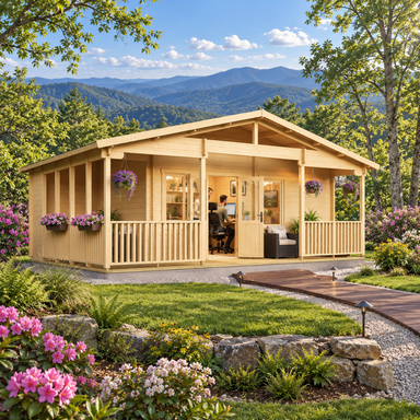 Glostrup 44 professional home office surrounded by rhododendrons, mature hardwoods, and layered Blue Ridge Mountains near Asheville, North Carolina.