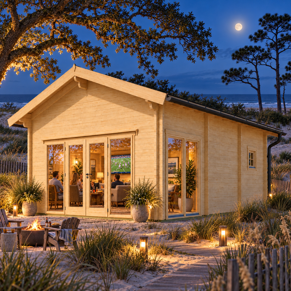Sigrid 44 sports room illuminated at night among live oaks, maritime pines, sea oats, and coastal dunes on North Carolina’s Outer Banks.