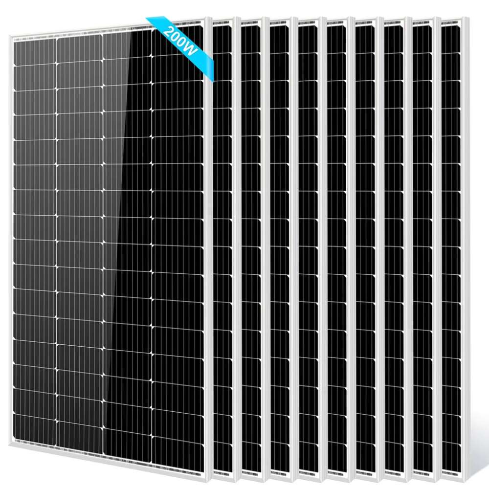 10 Sun Gold Power 200W Monocrystalline Solar Panel units standing upright in a row against a white background