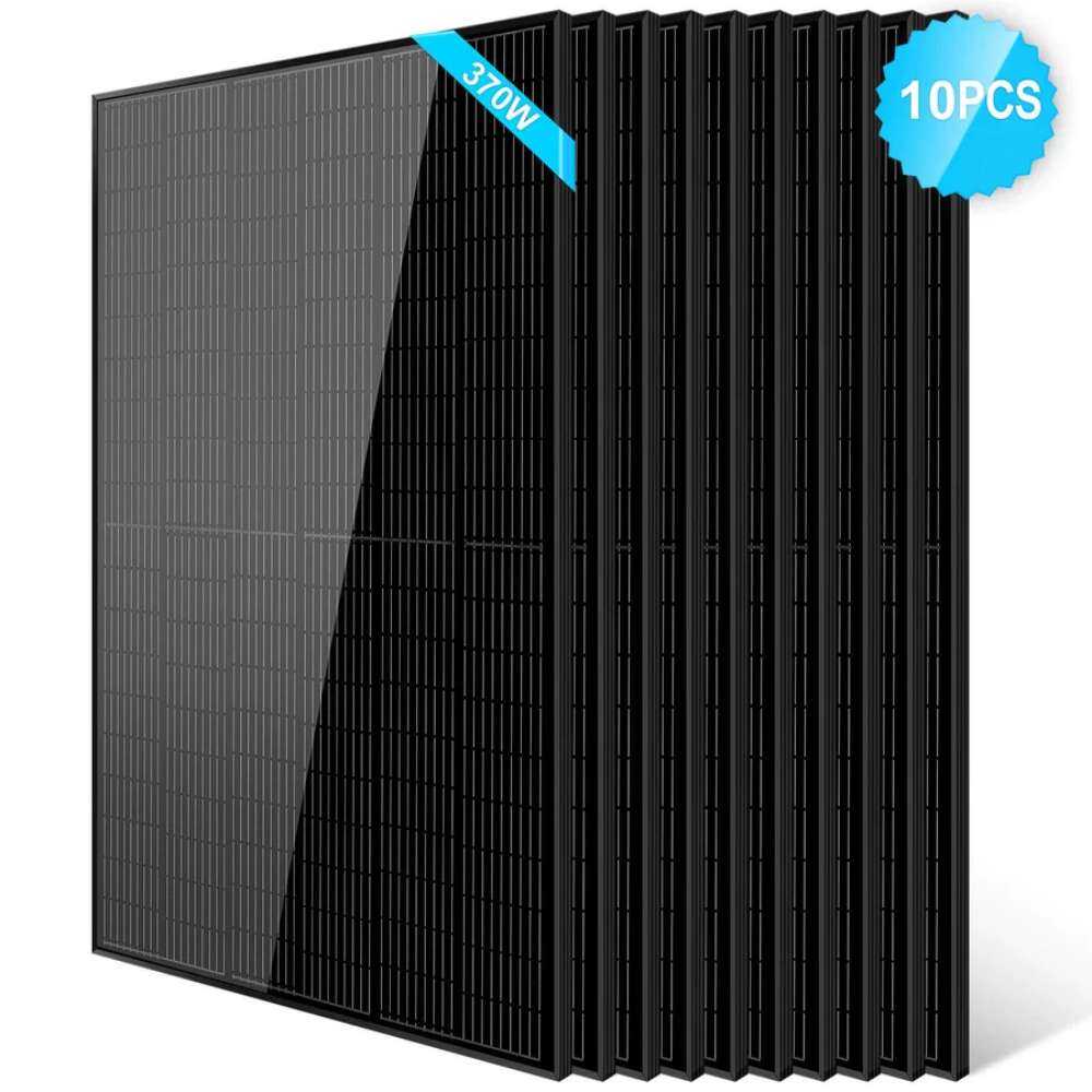 10 Sun Gold Power 370W Mono Black PERC Solar Panels displayed in an overlapping row for high-capacity solar power systems