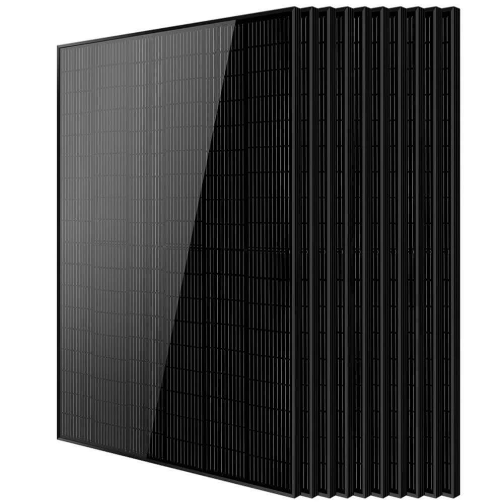 10 Sun Gold Power 415W Mono Black PERC Solar Panel units displayed with one front panel and nine panels layered behind