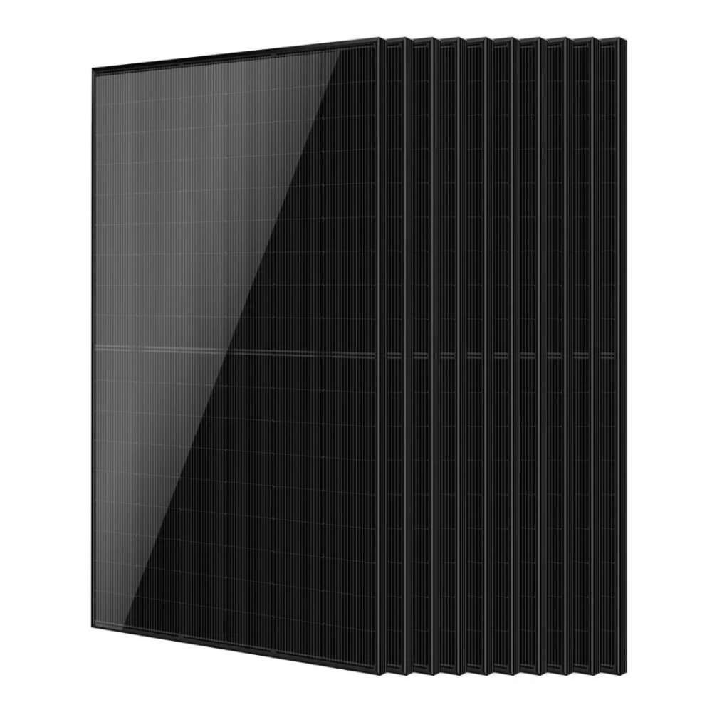 10 Sun Gold Power 440W Mono Black N-Type Solar Panel units are displayed upright in a layered stack with one panel in front