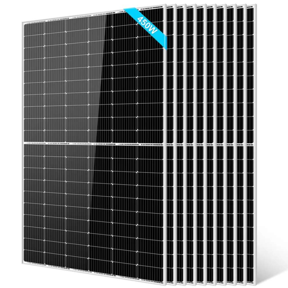 10 Sun Gold Power 450W Monocrystalline PERC Solar Panels displayed as a ten-panel bundle with one panel in front and nine panels visible behind