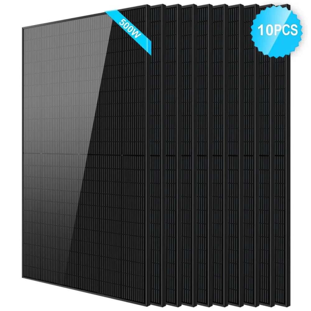 10 Sun Gold Power 500W Mono Black PERC Solar Panel package with ten overlapping black solar panels