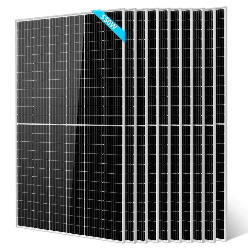10 Sun Gold Power 550W Monocrystalline PERC Solar Panel units are shown in an evenly spaced overlapping display on a white background