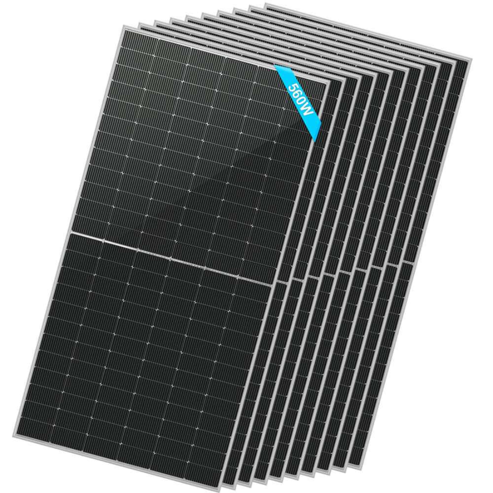 10 Sun Gold Power 560W Bifacial N-Type Solar Panels shown in a neatly overlapping stack on a white background