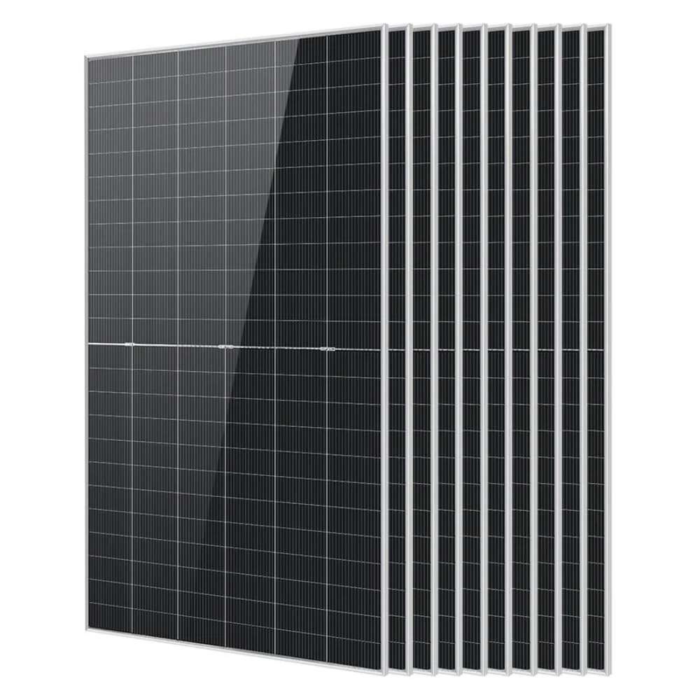 10 Sun Gold Power 590W Bifacial N-Type Monocrystalline Solar Panels shown with one panel in front and nine panels arranged behind
