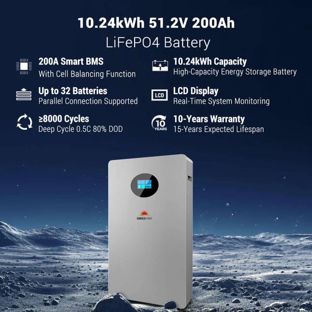 10.24kWh 51.2V 200Ah lithium battery with smart BMS and 8,000+ cycles for Sun Gold Power 8000W 48VDC 120V/240V LiFePO4 Lithium Battery Solar Panel Off-Grid Solar Kit SGR-8K10T