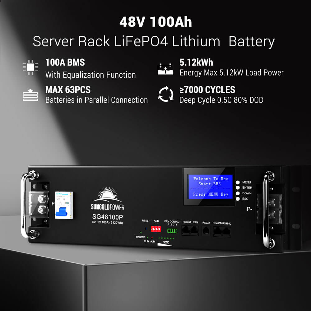 100Ah 51.2V LiFePO4 lithium battery included in the Sun Gold Power 10000W 48VDC 120V/240V LifePO4 20.48KWH Lithium Battery 5400W Solar Panel Off-Grid Solar Kit