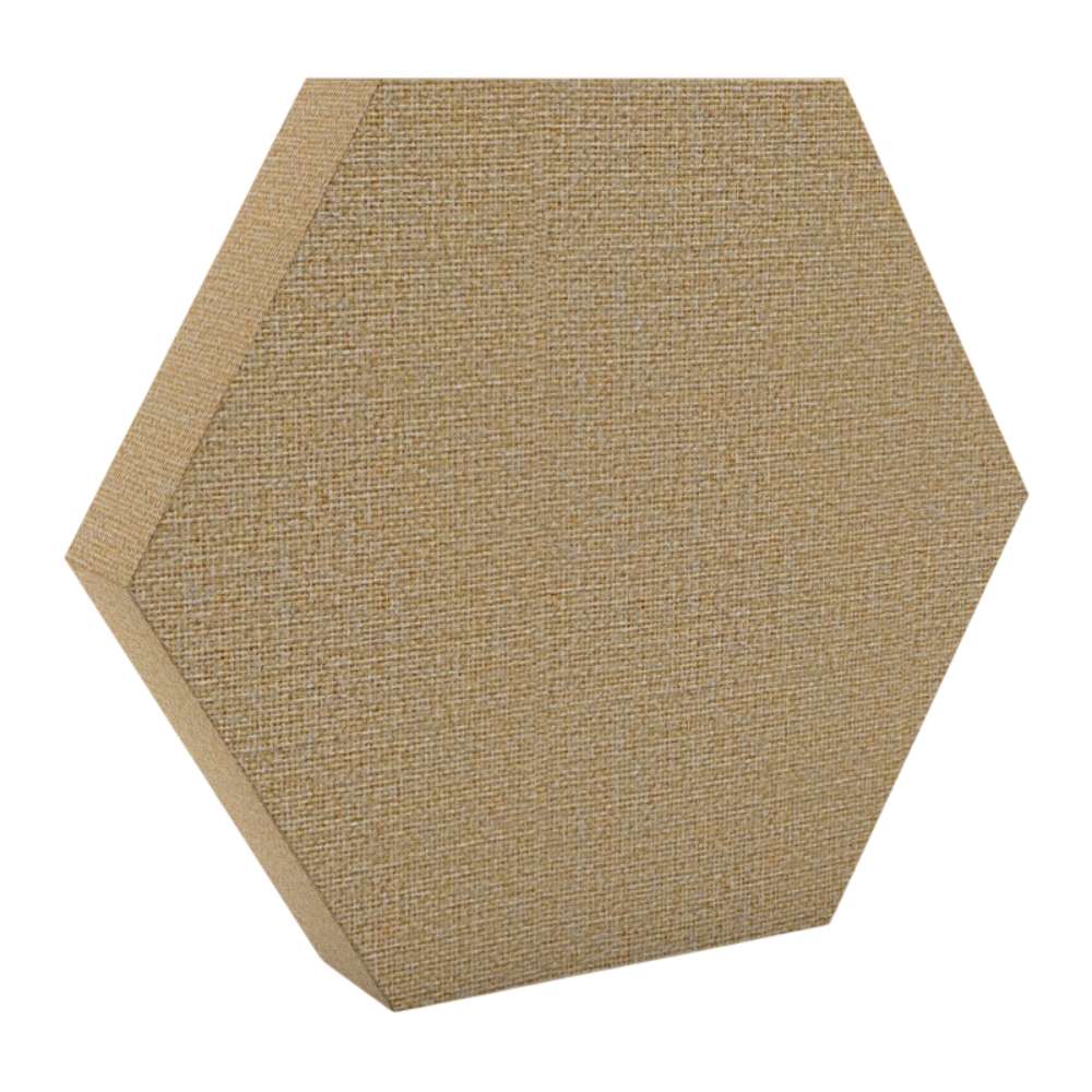 100Hz Hexagon Austen GIK Acoustics DecoShape Acoustic Panel in a hexagonal shape with a textured tan fabric finish
