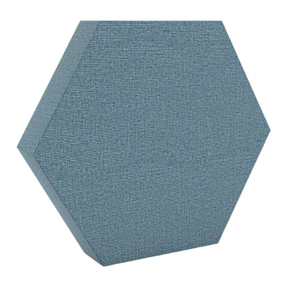 100Hz Hexagon Dolphin GIK Acoustics DecoShape Acoustic Panel in a hexagonal shape with a soft blue fabric finish