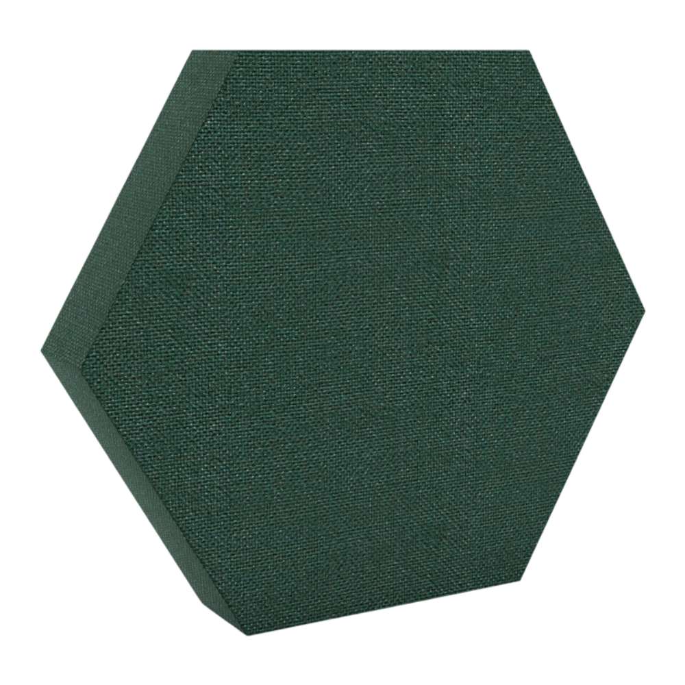 100Hz Hexagon Lora GIK Acoustics DecoShape Acoustic Panel in a hexagonal shape with a deep forest green fabric finish