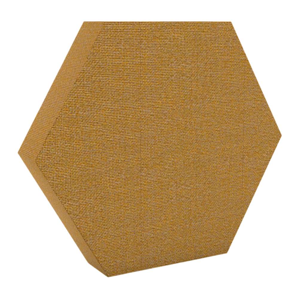 100Hz Hexagon Maree GIK Acoustics DecoShape Acoustic Panel in a hexagonal shape with a warm mustard yellow fabric finish