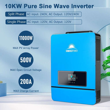 10KW pure sine wave inverter with 120V/240V output powers Sun Gold Power 10000W 48VDC 120V/240V LiFePO4 20.48KWH Lithium Battery Solar Panel Off-Grid Solar Kit