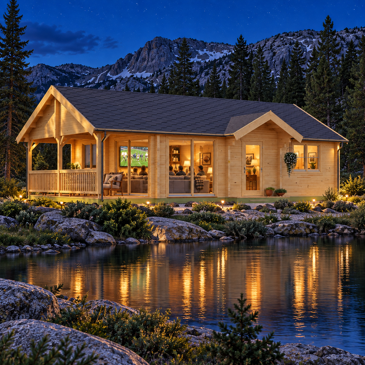One light wood multi-room house with a porch and gabled roof, illuminated at night beside a lake and mountains.
