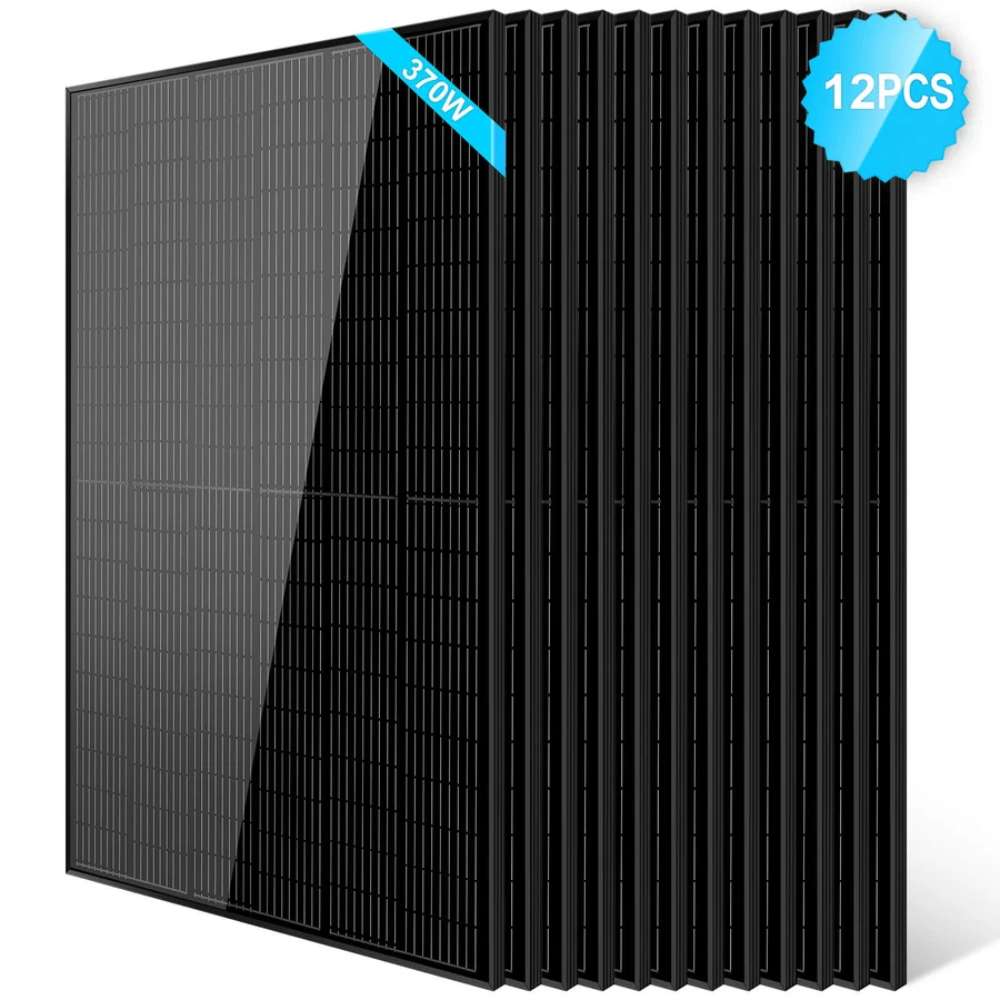 12 Sun Gold Power 370W Mono Black PERC Solar Panels arranged in a staggered display with black monocrystalline cells