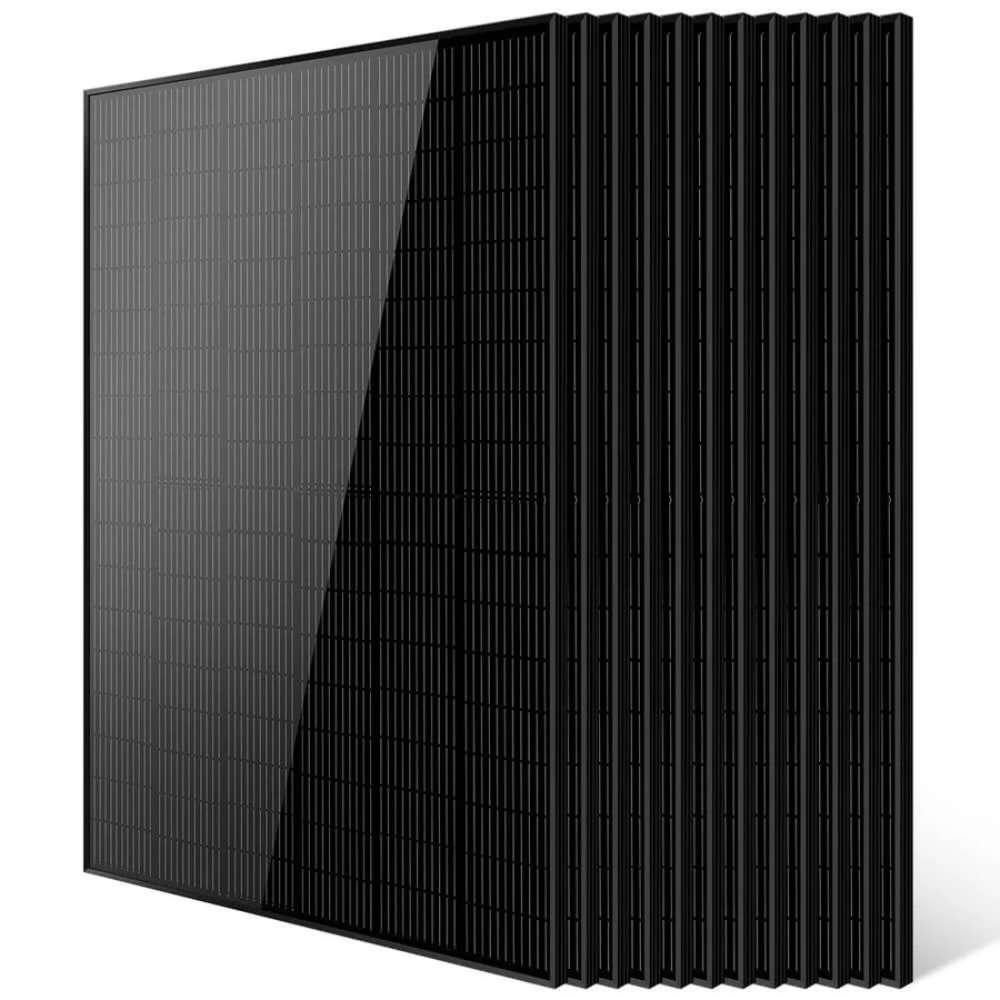 12 Sun Gold Power 415W Mono Black PERC Solar Panel units shown as evenly stacked black solar panels