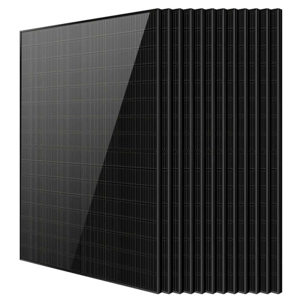 12 Sun Gold Power 450W Bifacial N-Type Monocrystalline Solar Panels shown stacked evenly with black bifacial modules